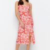 Trendyol Red Straight Cut Midi Floral Pattern Woven Dress