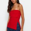Trendyol Red Strapless Collar Side Zipper Crepe Knitted Blouse