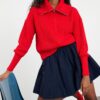 Trendyol Red Wide Pattern Turn-down Collar Zippered Knitwear Cardigan