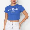 Trendyol Saks 100% Cotton Slogan Printed Fitted/Skinned Crop Crew Neck Knitted T-Shirt