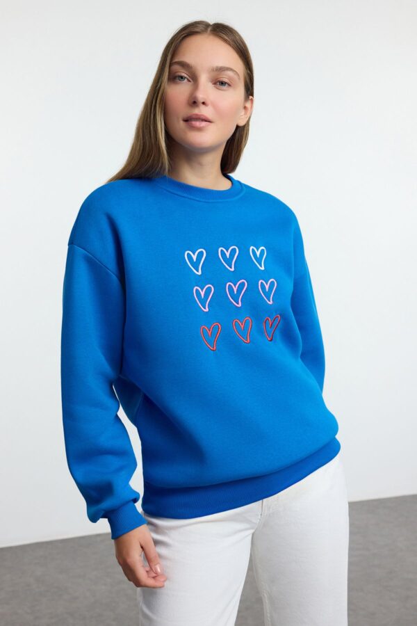 Trendyol Saks Heart Embroidered Oversize/Wide Pattern Thick Inside Polar Fleece Knitted Sweatshirt