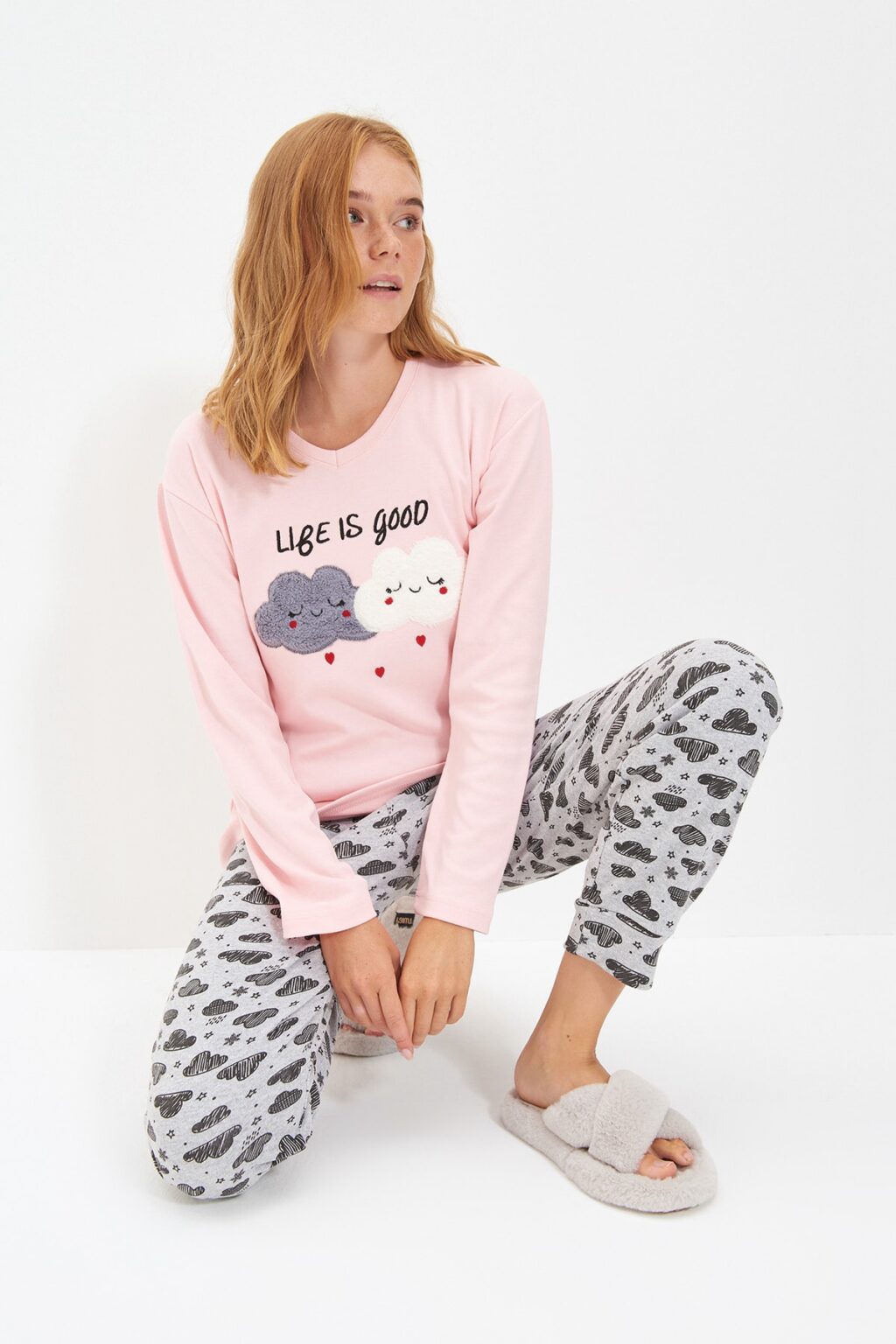 Trendyol Salmon Cotton Embroidered Knitted Pajama Set