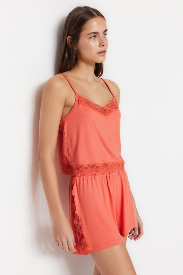 Trendyol Salmon Lace Rope Strap Knitted Pajama Set with Shorts