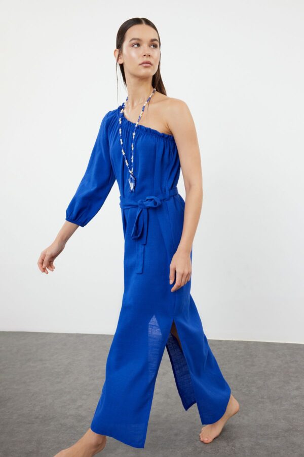 Trendyol Saxe Belted Maxi Woven Flounce/Ruffle Detailed Linen Blend One Shoulder Beach Dress