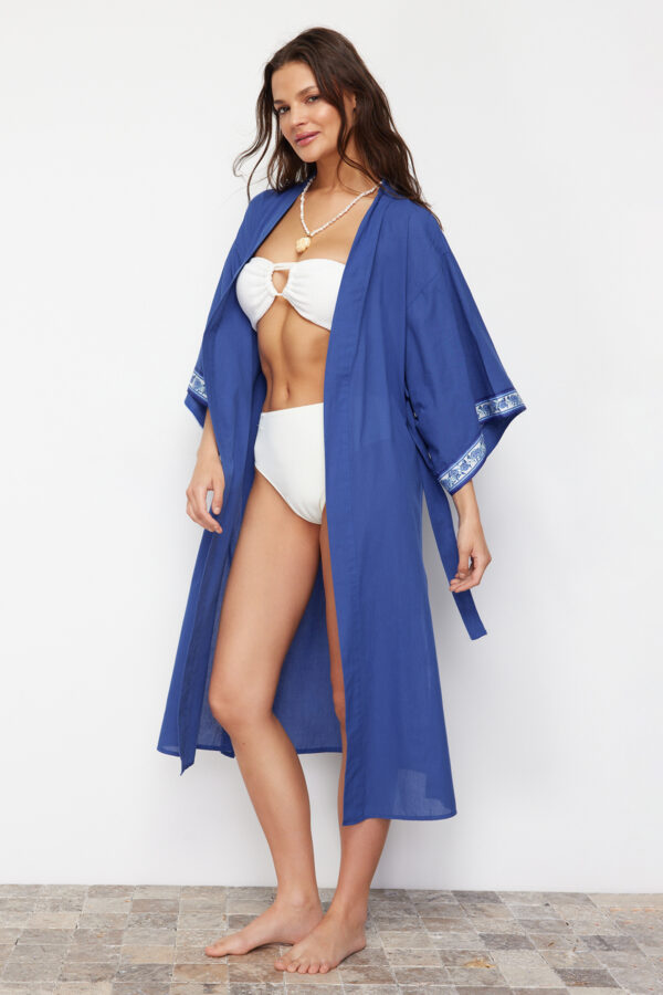 Trendyol Saxe Belted Maxi Woven Strip Accessory Beach Kimono & Kaftan