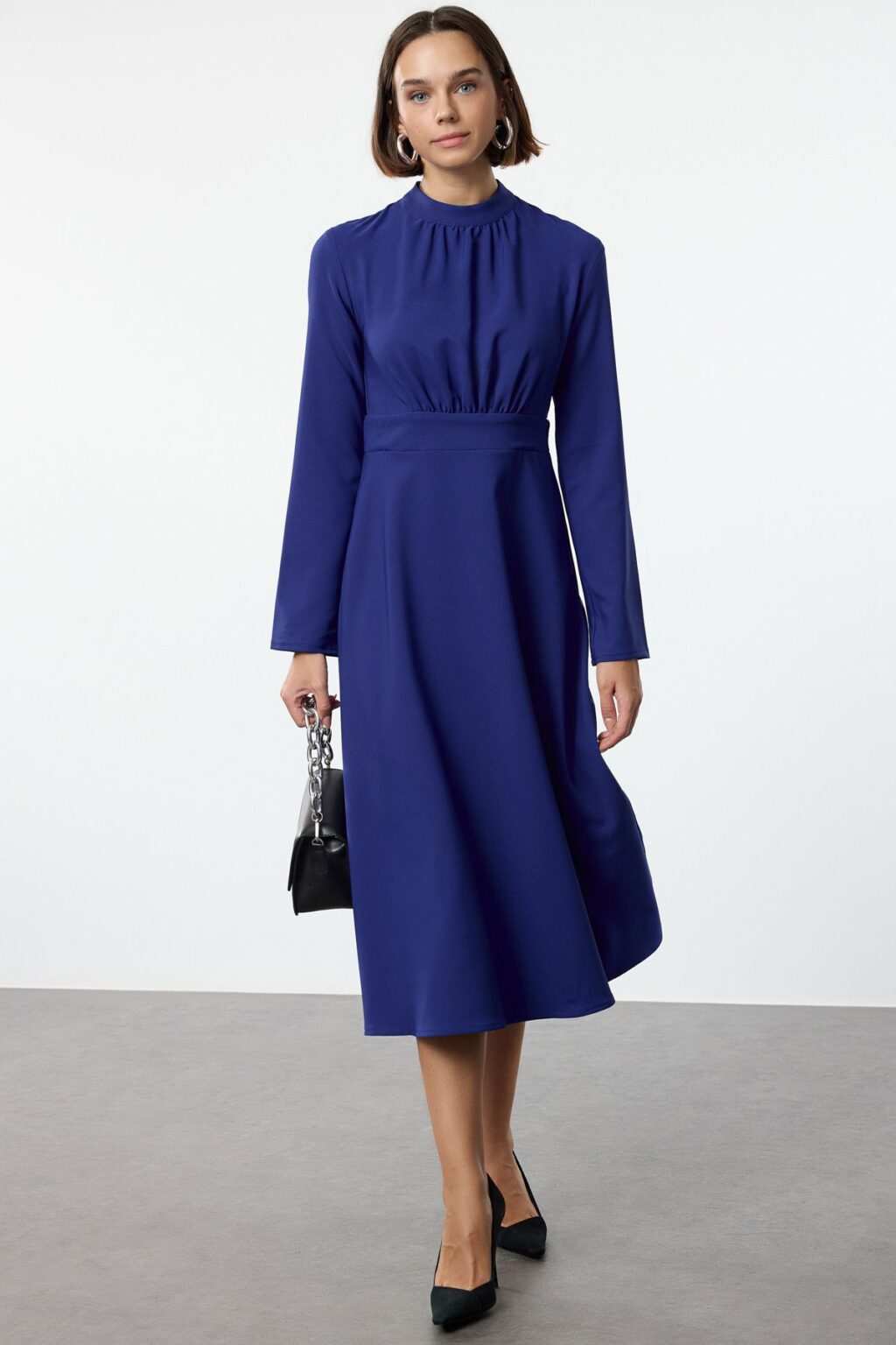 Trendyol Saxe Stand Collar Skater/Waist Open Midi Woven Dress