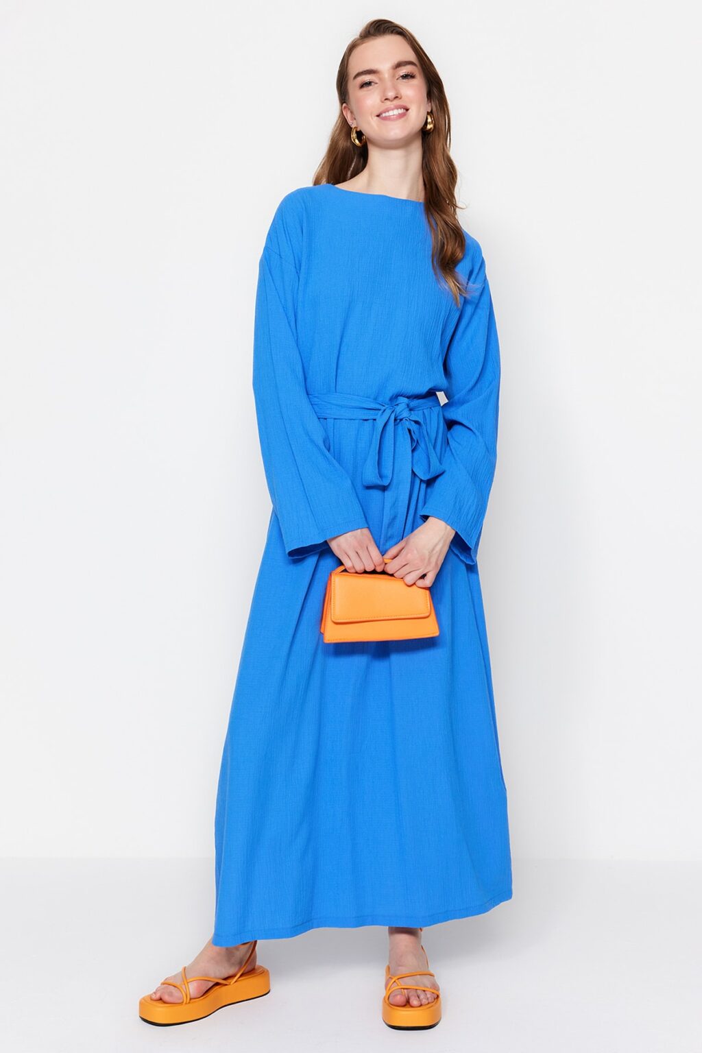 Trendyol Saxon Belted Woven Crinkle Dress