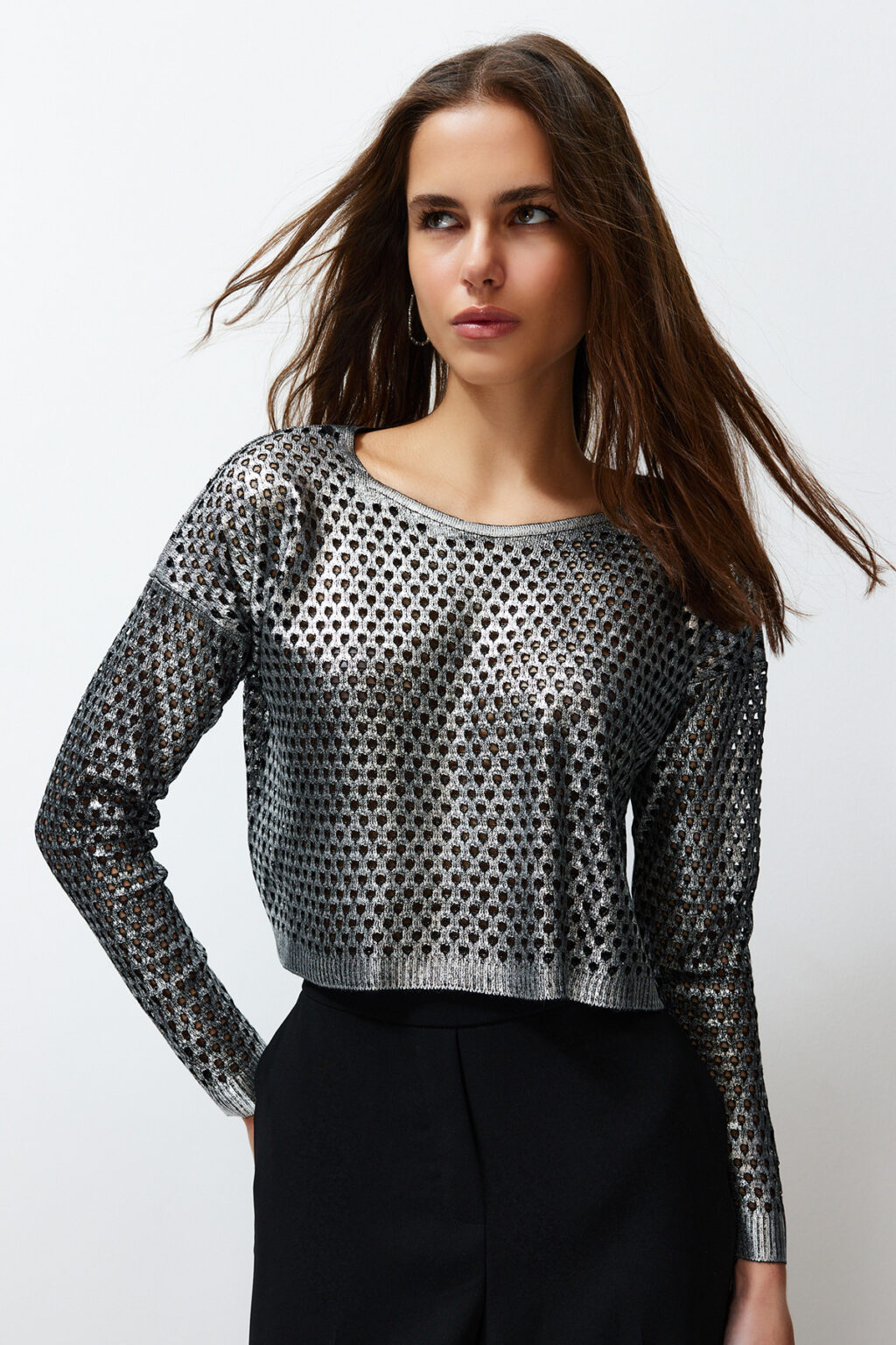 Trendyol Silver Foil Printed Openwork/Hole Knitwear Sweater