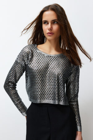 Trendyol Silver Foil Printed Openwork/Hole Knitwear Sweater Trendyol Silver Foil Printed Openwork/Hole Knitwear Sweater