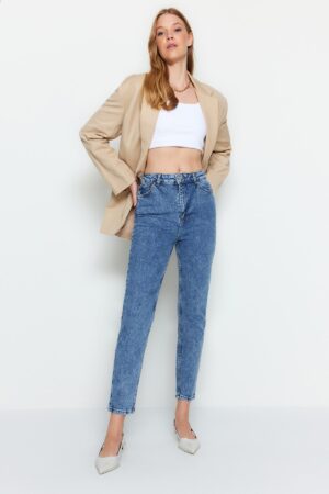 Trendyol Sötétkék Magas derekú Slim Mom Jeans