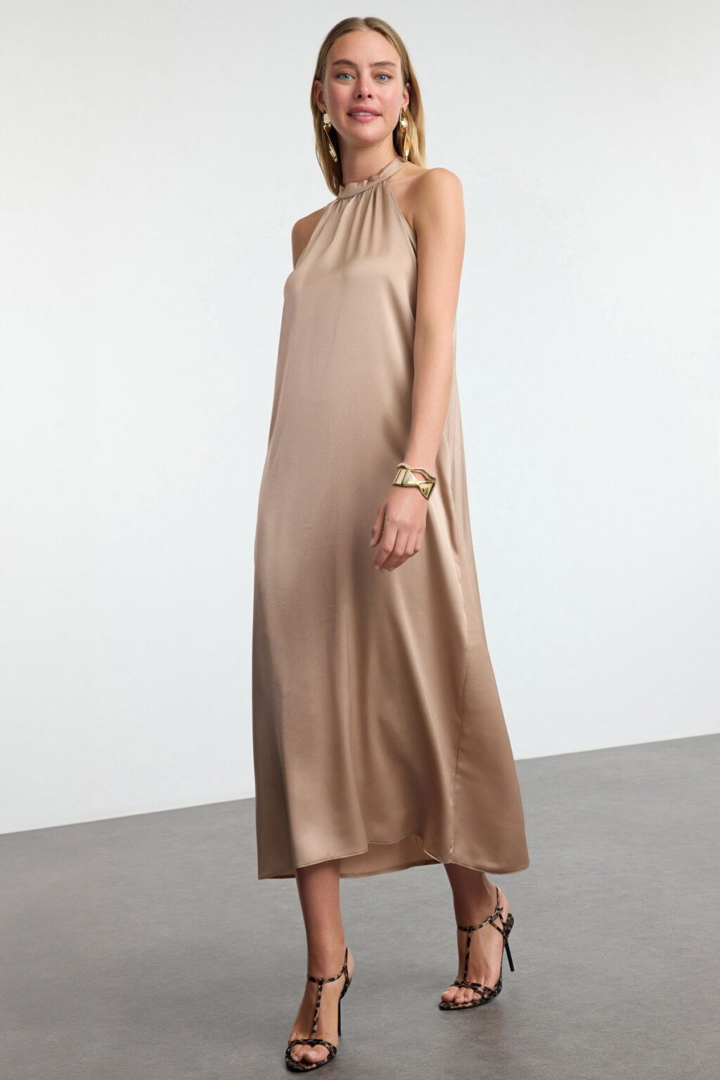 Trendyol Stone A-Line Satin Woven Midi Dress