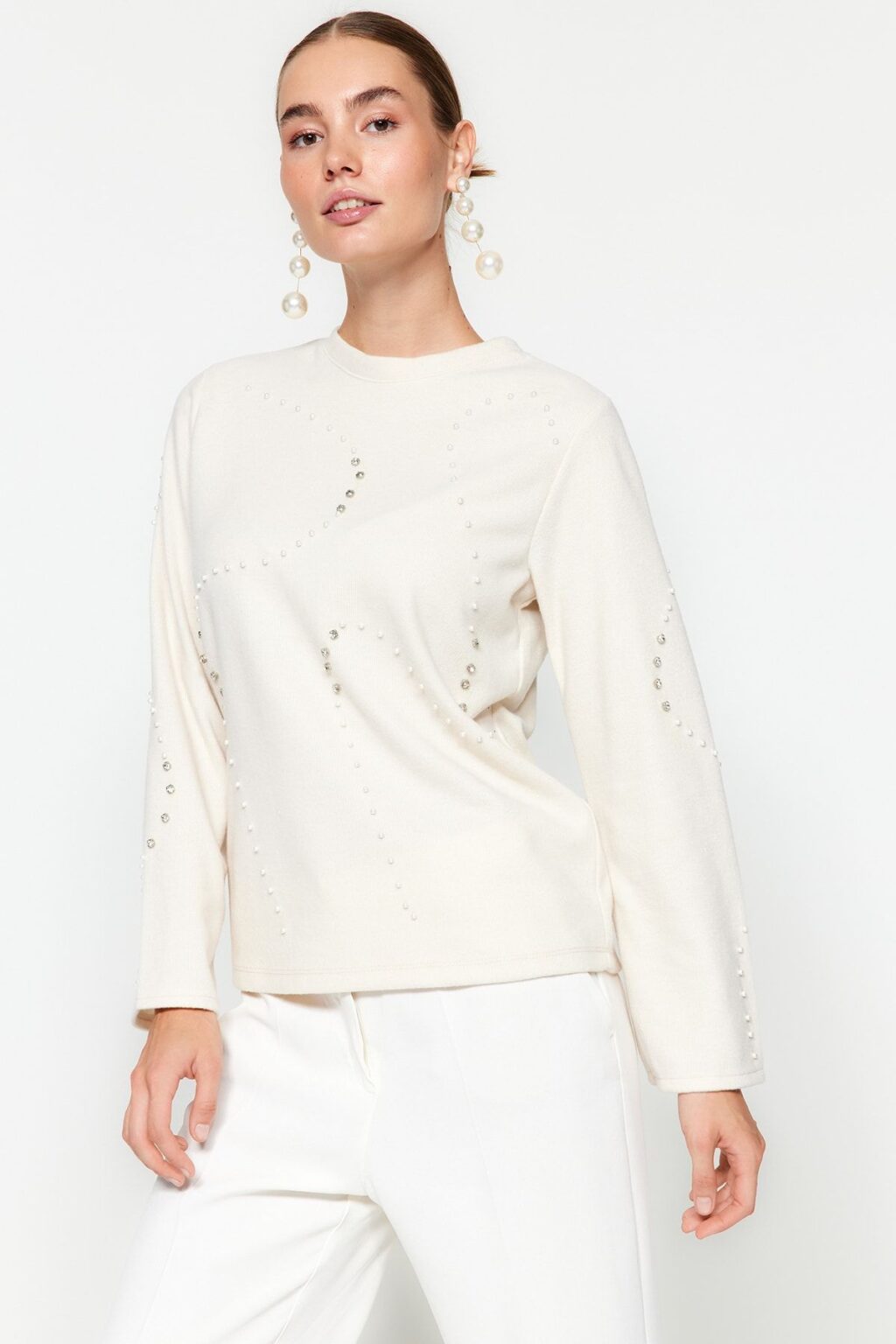 Trendyol Stone Accessory Detail Thessaloniki/Knitwear Look Regular/Normal Fit Knitted Sweatshirt