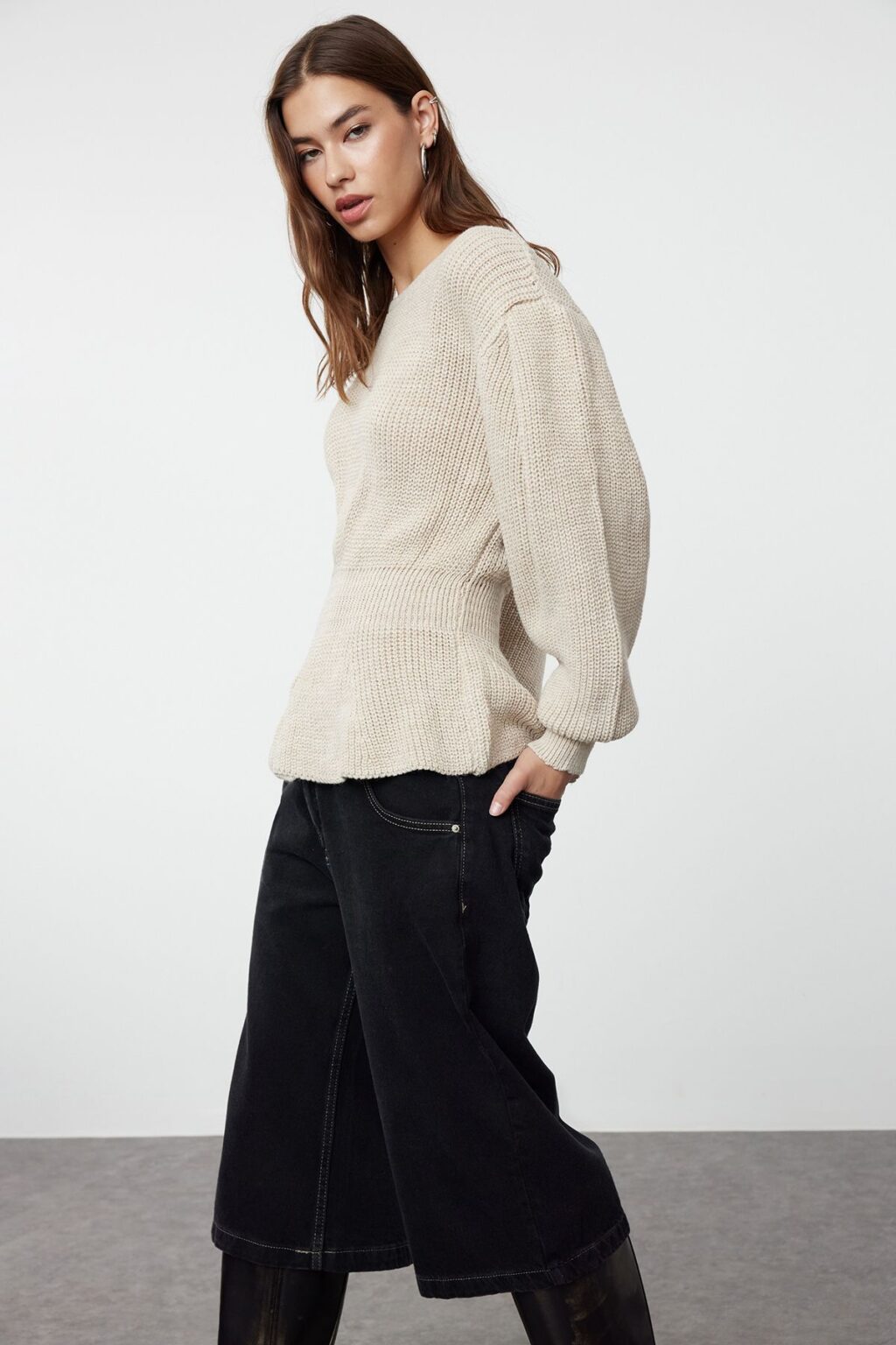 Trendyol Stone Balloon Sleeve Flounced Knitwear Sweater
