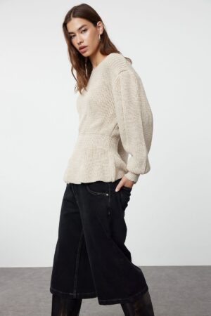 Trendyol Stone Balloon Sleeve Flounced Knitwear Sweater Trendyol Stone Balloon Sleeve Flounced Knitwear Sweater