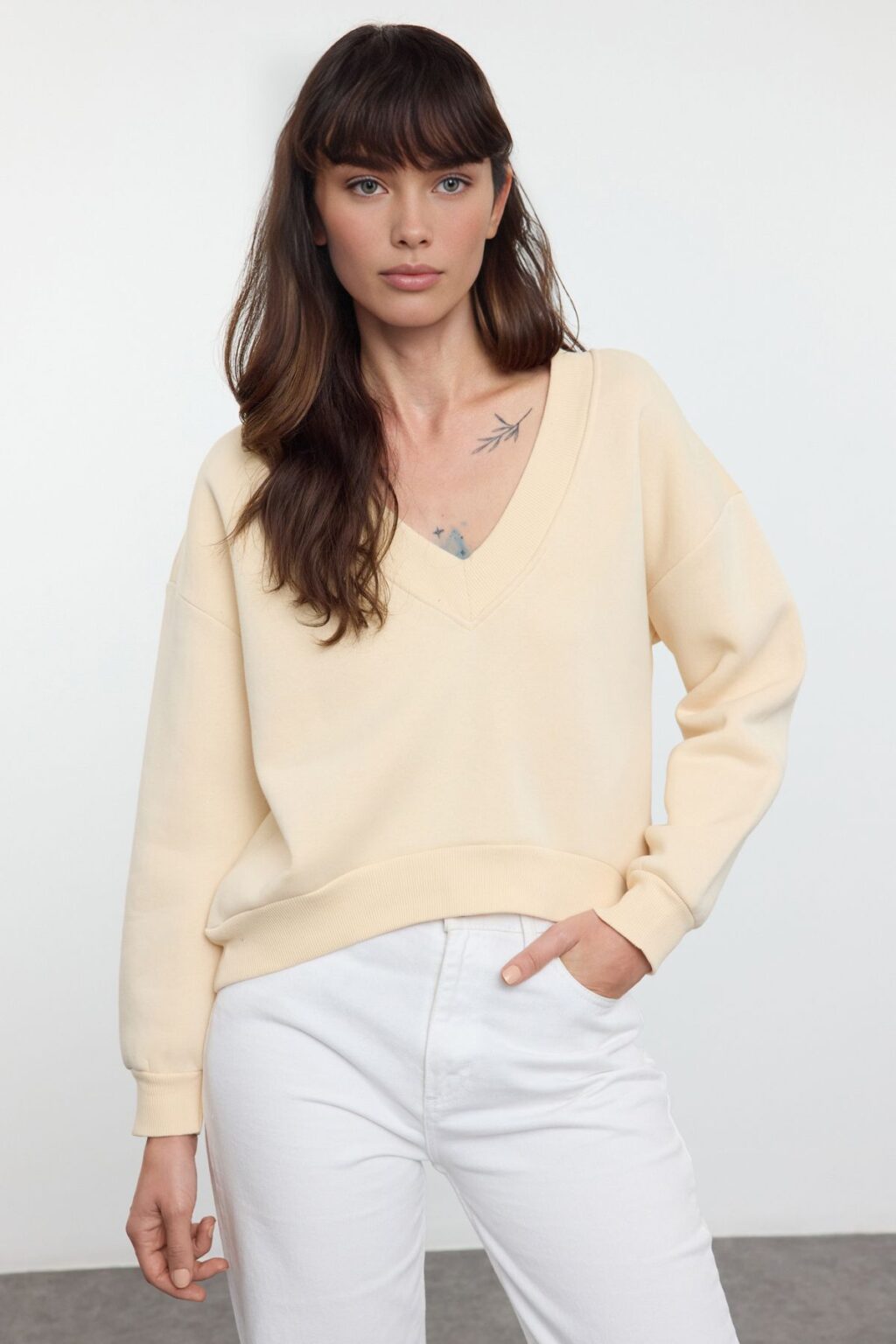 Trendyol Stone Basic Regular/Normal Pattern V-neck Thick Polar Fleece Knitted Sweatshirt
