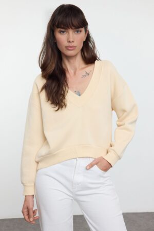 Trendyol Stone Basic Regular/Normal Pattern V-neck Thick Polar Fleece Knitted Sweatshirt Trendyol Stone Basic Regular/Normal Pattern V-neck Thick Polar Fleece Knitted Sweatshirt