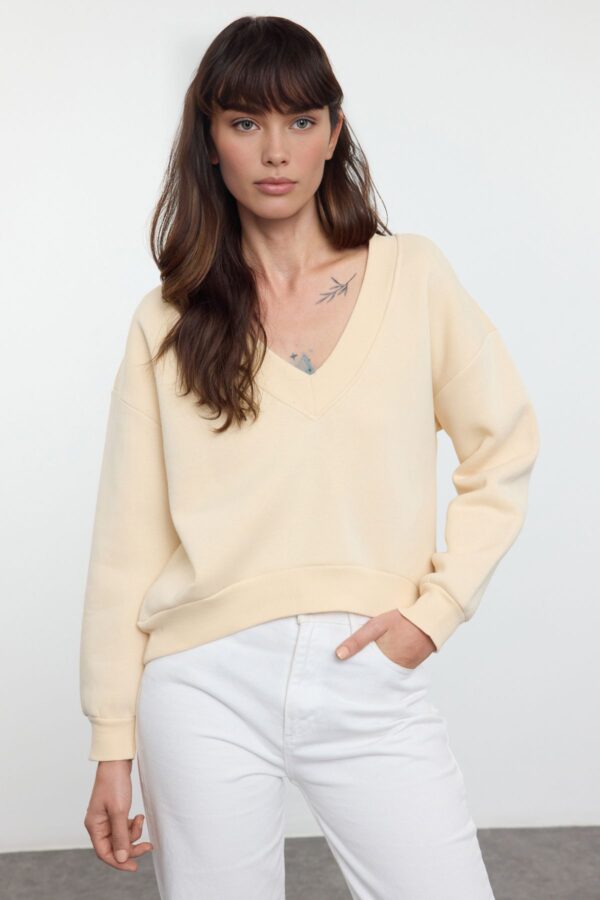 Trendyol Stone Basic Regular/Normal Pattern V-neck Thick Polar Fleece Knitted Sweatshirt Trendyol Stone Basic Regular/Normal Pattern V-neck Thick Polar Fleece Knitted Sweatshirt