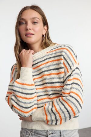 Trendyol Stone Basic Striped Crew Neck Knitwear Sweater Trendyol Stone Basic Striped Crew Neck Knitwear Sweater