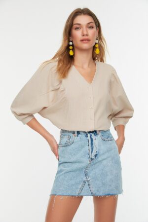 Trendyol Stone Bat Sleeve Regular Normal fit Woven Shirt Trendyol Stone Bat Sleeve Regular Normal fit Woven Shirt