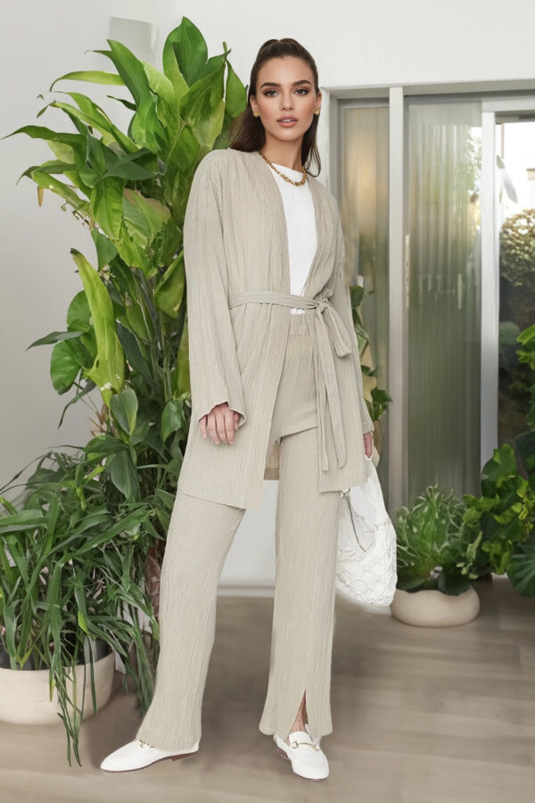 Trendyol Stone-Belted Kimono with Slit Detailed Legs and Trousers