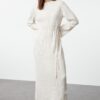 Trendyol Stone Belted Pearl Detailed Corduroy Knitwear Dress