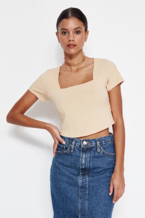 Trendyol Stone Bodice Detail Crop Square Collar Cotton Stretch Knitted Blouse Trendyol Stone Bodice Detail Crop Square Collar Cotton Stretch Knitted Blouse