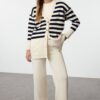 Trendyol Stone Button Detailed Jacquard Striped Cardigan Trousers Knitwear Bottom-Top Set