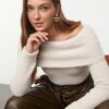 Trendyol Stone Carmen Collar Hairy/Beard Thread Knitwear Sweater