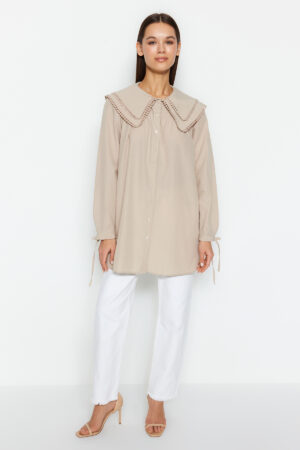 Trendyol Stone Collar Pompom Detailed Woven Shirt Trendyol Stone Collar Pompom Detailed Woven Shirt