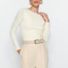 Trendyol Stone Cotton Elastic Boat Neck Fitted/Situated Elastic Knitted Blouse