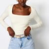 Trendyol Stone Cotton Stretchy Square Neck Fitted/Sleeping Kkötött blúz