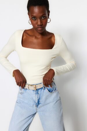 Trendyol Stone Cotton Stretchy Square Neck Fitted/Sleeping Kkötött blúz Trendyol Stone Cotton Stretchy Square Neck Fitted/Sleeping Kkötött blúz