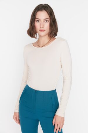 Trendyol Stone Crew Neck Low-Cut Back Long Sleeved Flexible Knitted Body with Snap Button Trendyol Stone Crew Neck Low-Cut Back Long Sleeved Flexible Knitted Body with Snap Button