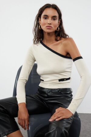Trendyol Stone Crop One Shoulder Sleeve Detachable Premium Yarn/Special Yarn Knitwear Sweater Trendyol Stone Crop One Shoulder Sleeve Detachable Premium Yarn/Special Yarn Knitwear Sweater