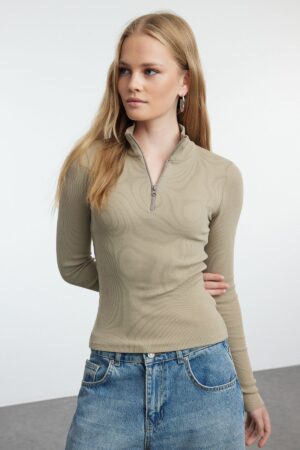 Trendyol Stone Fitted Zipper Collar Stretchy Knitted Blouse Trendyol Stone Fitted Zipper Collar Stretchy Knitted Blouse