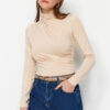 Trendyol Stone Gathered Detail High Neck Snaps Elastic Knitted Bodysuit