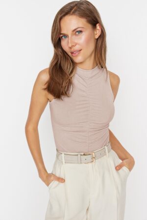 Trendyol Stone Gathered Detailed Flexible Snaps Knitted Bodysuit Trendyol Stone Gathered Detailed Flexible Snaps Knitted Bodysuit