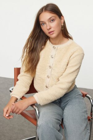 Trendyol Stone Gold Buttoned Plush Crop Knitted Cardigan Trendyol Stone Gold Buttoned Plush Crop Knitted Cardigan