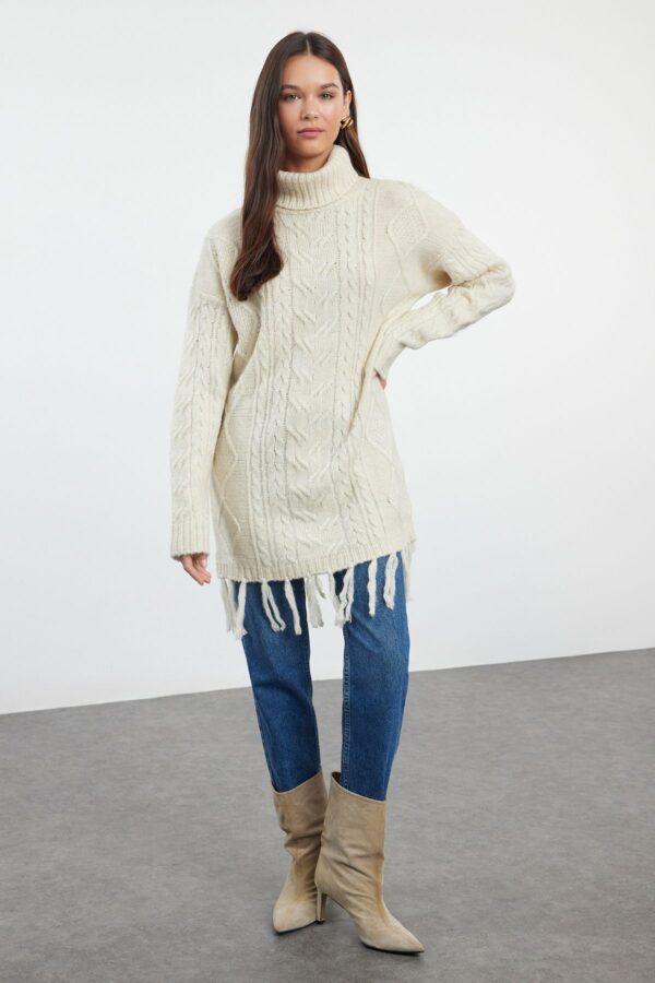 Trendyol Stone Hair Knitted Patterned Tassel Knitwear Sweater