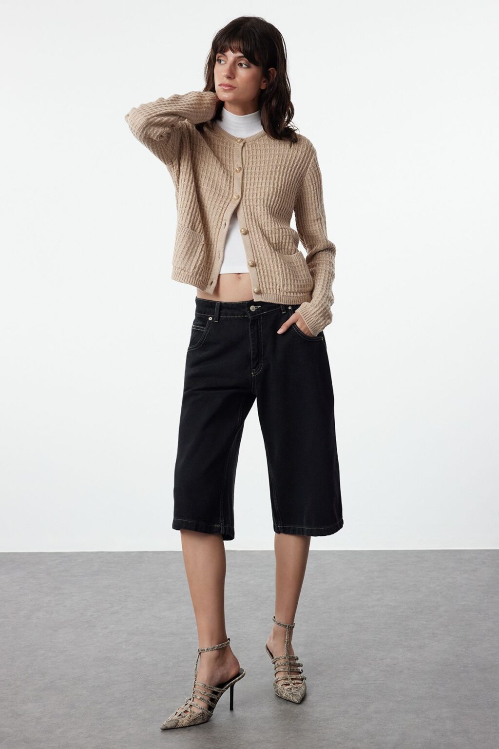 Trendyol Stone Jacket Look Buttoned Pocket Detailed Knitwear Cardigan