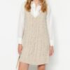 Trendyol Stone Mini Knitwear Hair Braided Gilet Dress