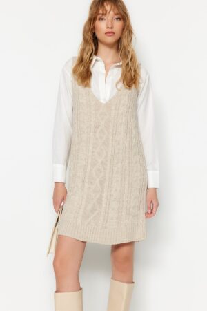 Trendyol Stone Mini Knitwear Hair Braided Gilet Dress