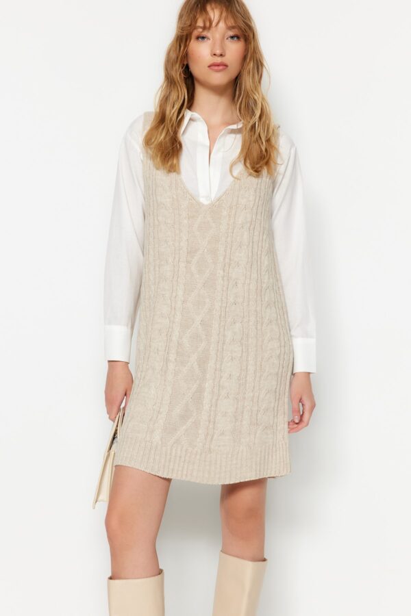 Trendyol Stone Mini Knitwear Hair Braided Gilet Dress
