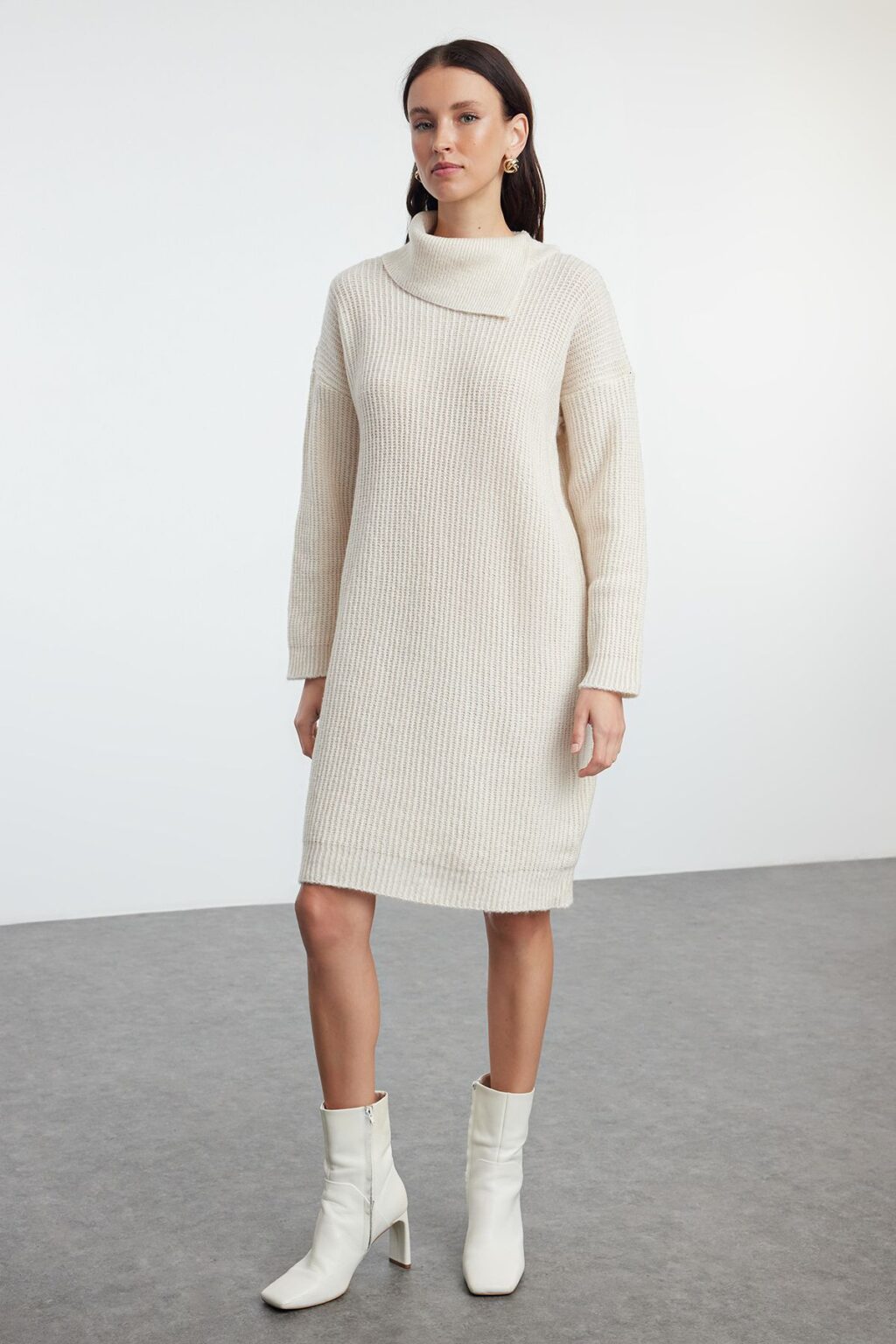 Trendyol Stone Mini Knitwear Soft Texture Turn-down Collar Dress