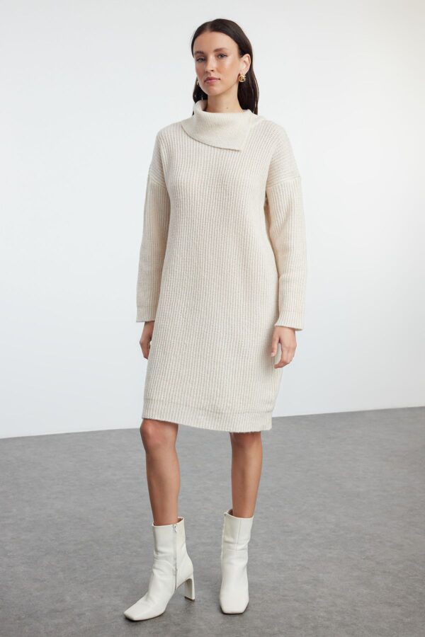 Trendyol Stone Mini Knitwear Soft Texture Turn-down Collar Dress