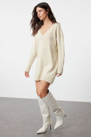 Trendyol Stone Mini Knitwear Wide Pattern Soft Texture Dress