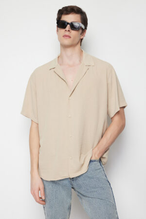 Trendyol Stone Oversize Fit Summer Short Sleeve Linen Look Shirt