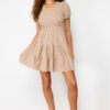 Trendyol Stone Plain Balloon Arm Detailed Skater/Belt Opening Textured Fabric