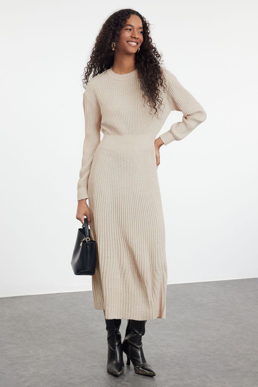 Trendyol Stone Pleated Knitwear Dress