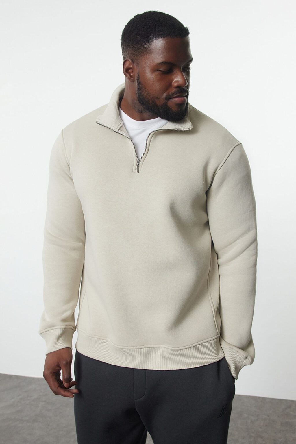 Trendyol Stone Plus Size Oversize/Normal Cut Stand Collar Zippered Fleece Inside Sweatshirt